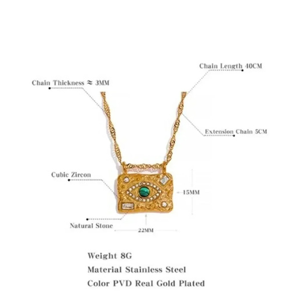 Malachite 18KGold Plated Stainless Steel Waterproof Protect Eyes Necklace - Picture 7 of 10